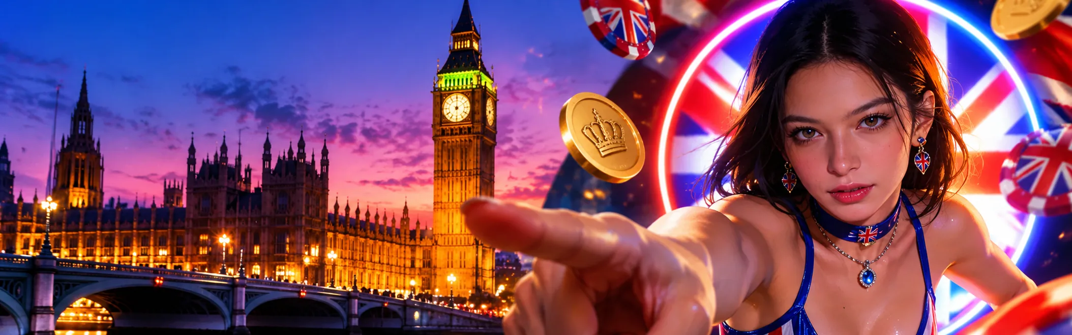 Goldify Casino UK banner with Westminster Bridge and Big Ben at night, Union Jack chips and a gold crown coin